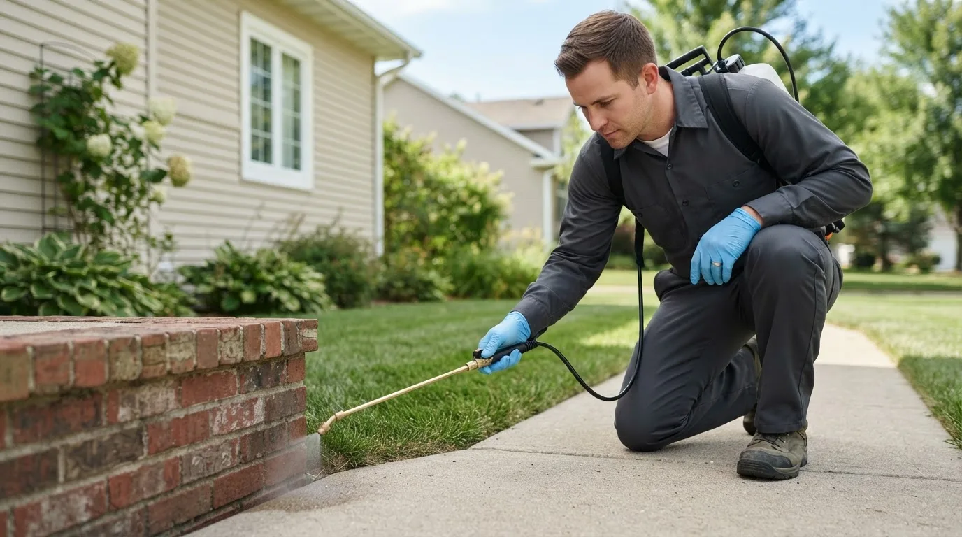 Pest control technician treating a home near Savoonga, AK